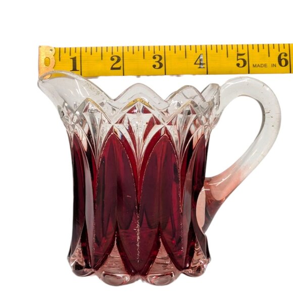 Vtg Ruby Stained Glass Pitcher Etched Victorian Style with Handle 4.5" x 4.5" - Picture 6 of 11